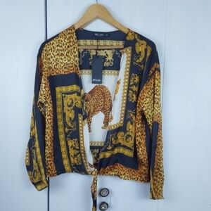 Nasty Gal Chain Print Leopard Tie-Front Blouse Silky Shrug sleeves Sz.4